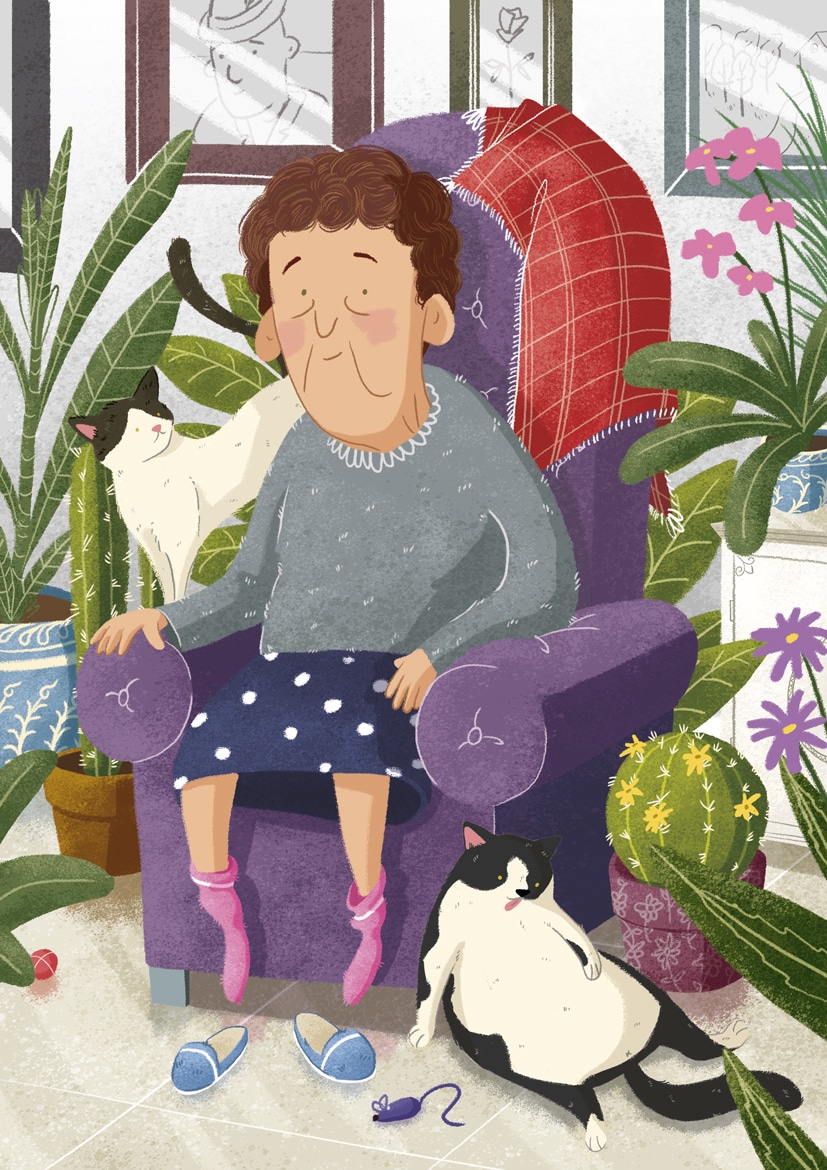 Ilustracion infantil y juvenil de una señora mayor en una butaca con sus gatos y plantas