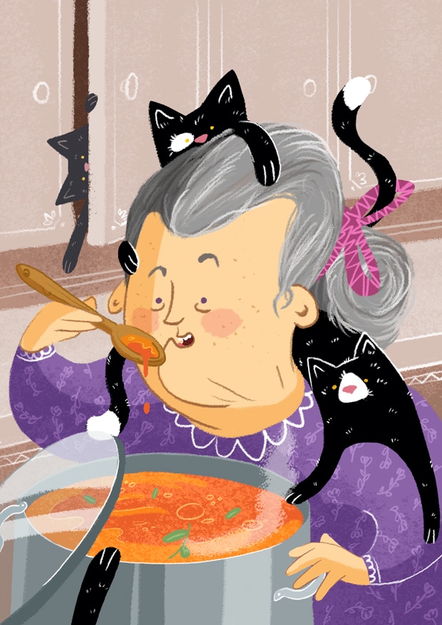 Ilustracion infantil de una señora cocinando en la cocina con sus gatos