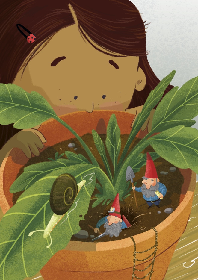 Ilustracion infantil y juvenil de una niña viendo gnomos en una maceta