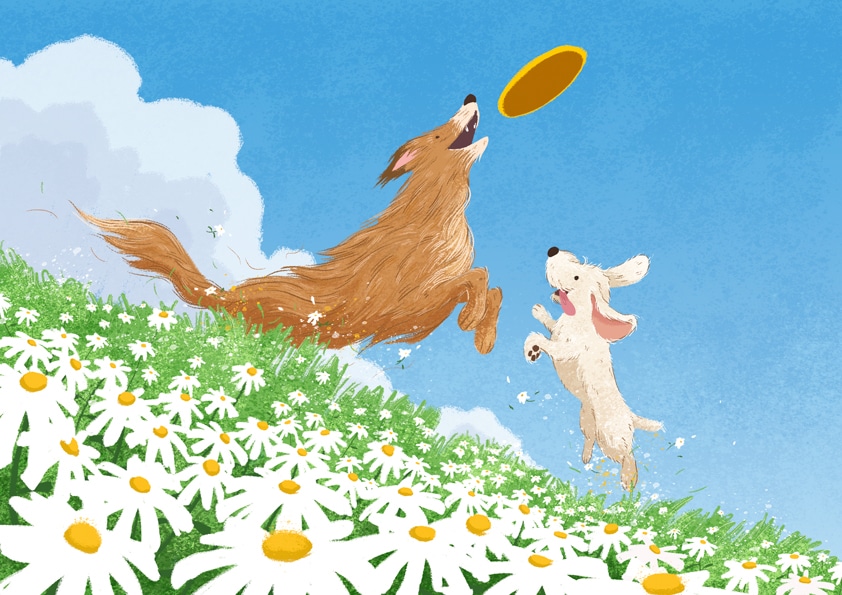 Ilustracion infantil de perros jugando