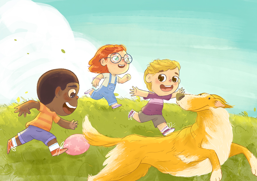 Dibujo Niños corriendo y sonriendo junto a su perro en el parque para un libro ilustrado
