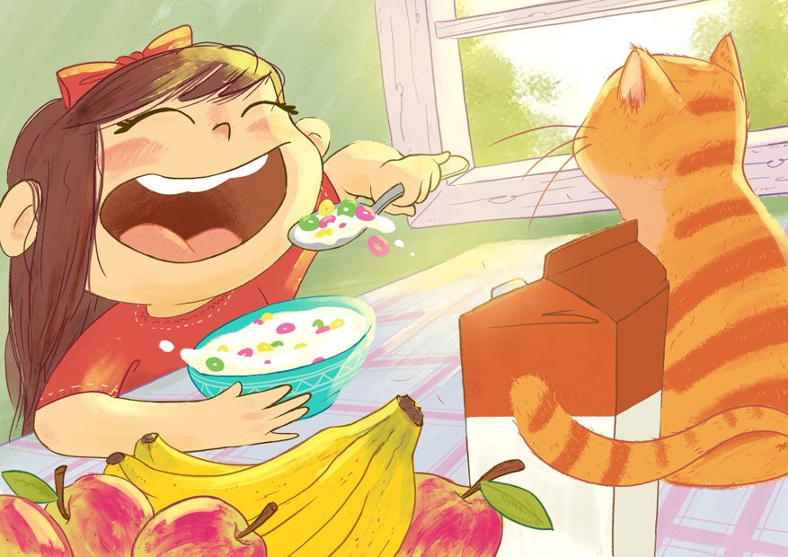 Ilustracion dinámica de una niña desayunando junto a su gato en la cocina
