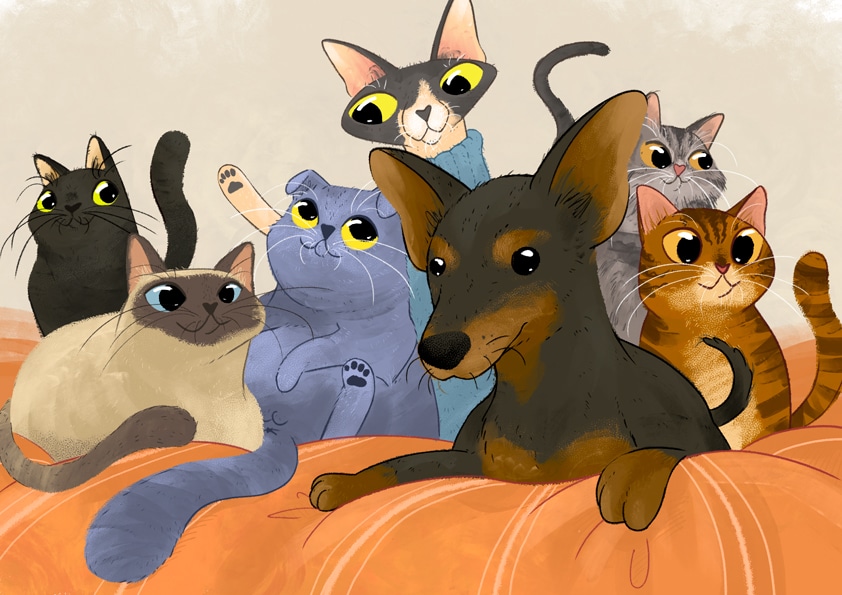 Ilustracion infantil y juvenil de un montón de gatos junto a un perro
