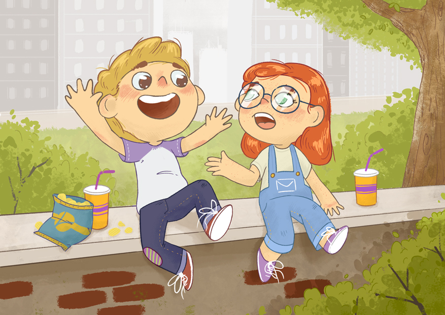 Ilustracion juvenil de unos niños hablando en el parque para libro ilustrado