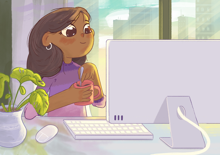 Ilustracion de una mujer trabajadora en la oficina para libro ilustrado