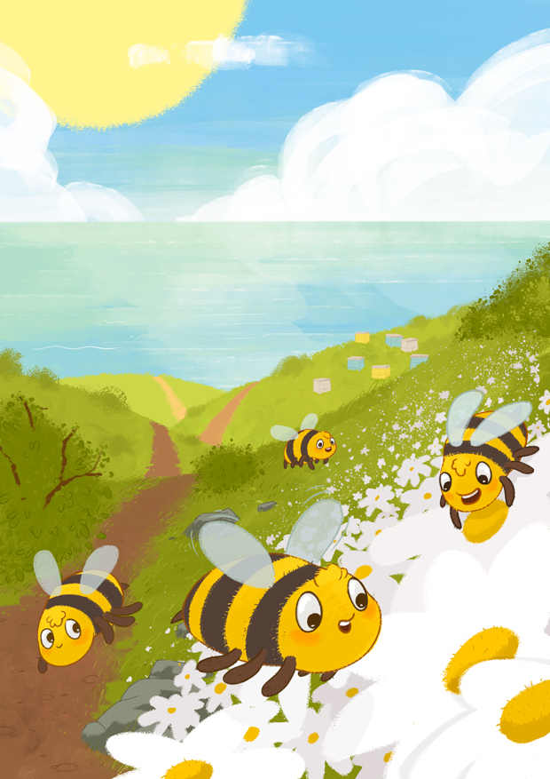 Ilustracion de un paisaje de unas abejas recogiendo polen para libro ilustrado