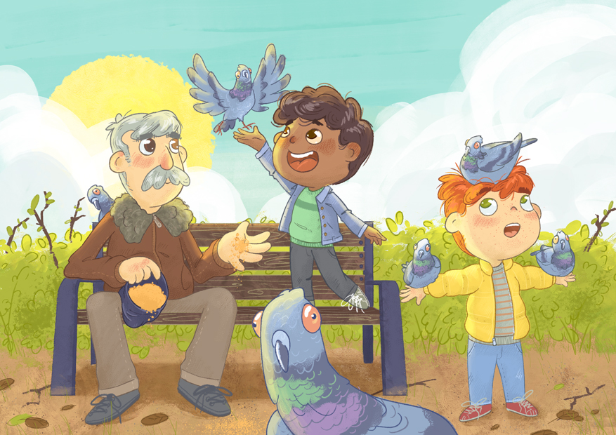 Ilustracion de un abuelo pasando el día con sus nietos en el parque para libro ilustrado