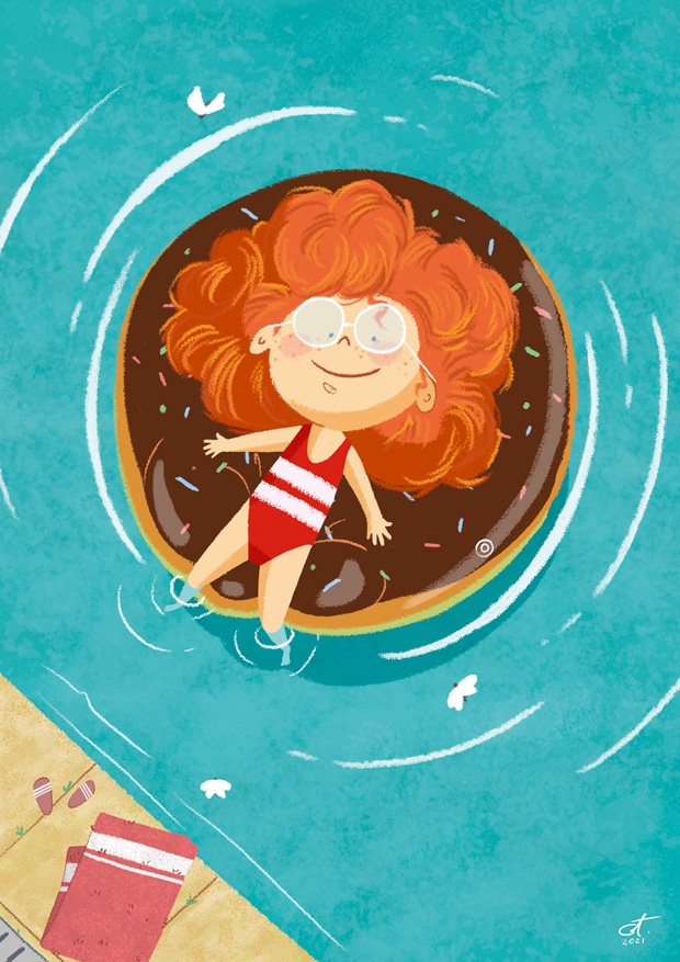 Ilustracion infantil de una niña disfrutando de un día de piscina