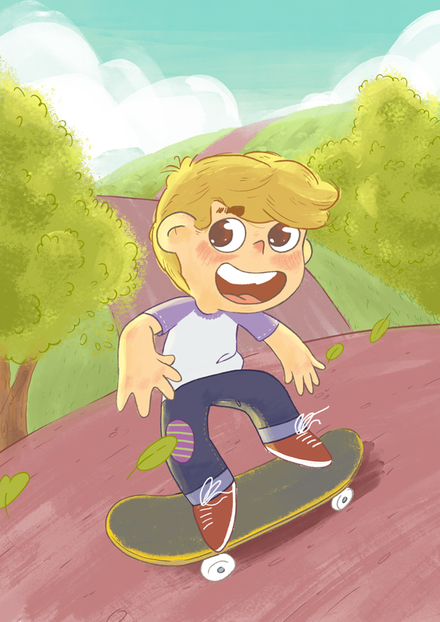 Ilustracion dinámica de un niño haciendo skateboarding