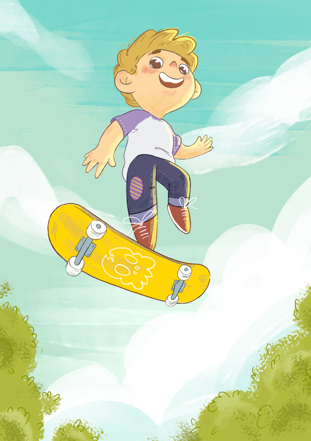 Ilustracion juvenil de un niño saltando con su monopatín
