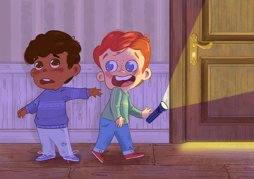 Ilustracion infantil de misterio de dos niños explorando una casa a oscuras