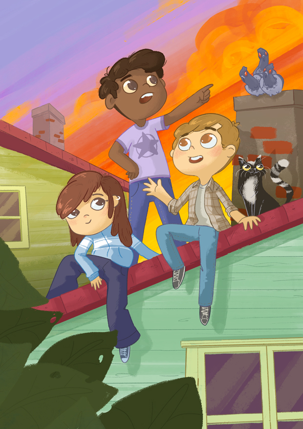 Dibujo juvenil de un grupo de chicos en un tejado al atardecer