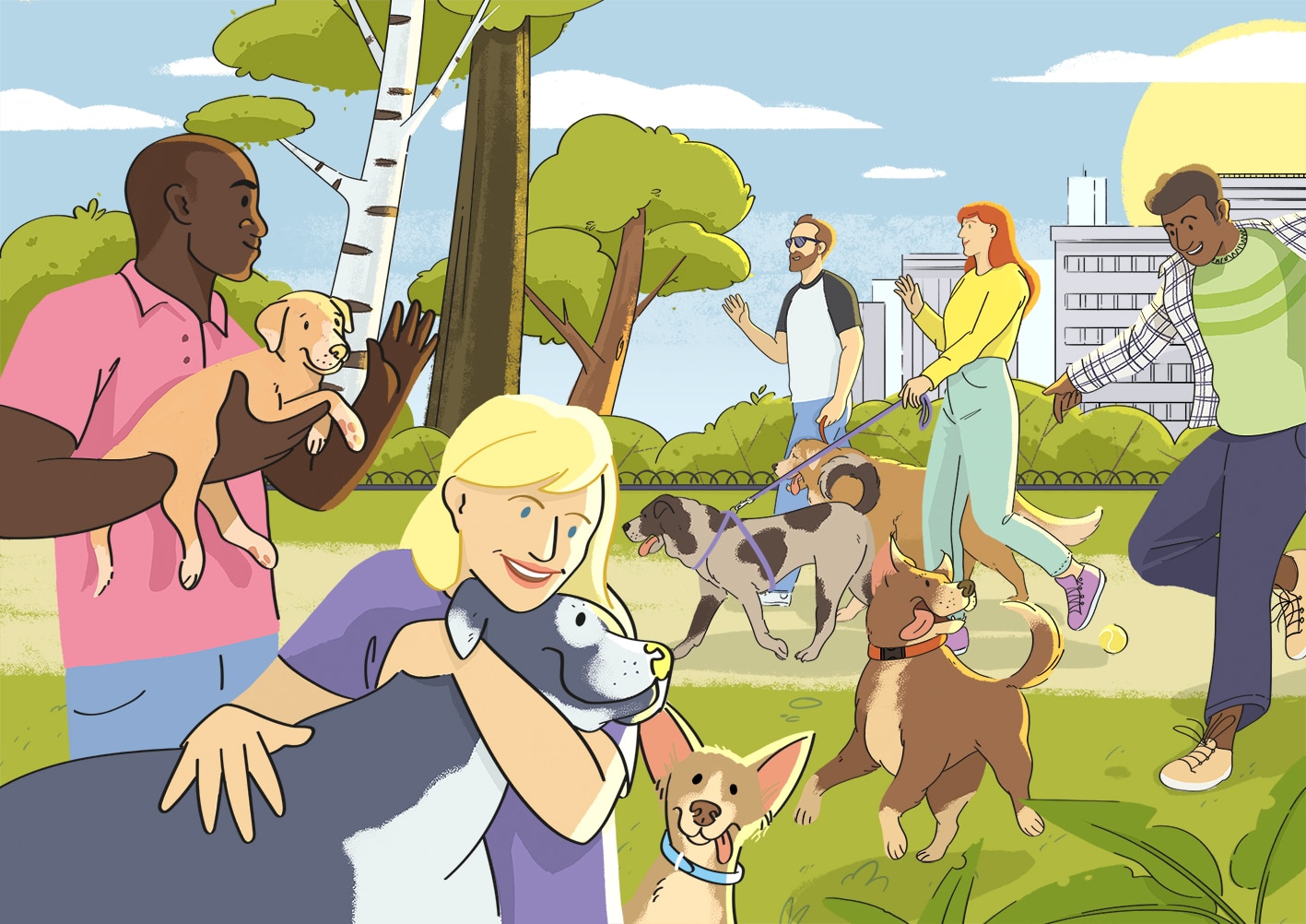 Ilustración de un grupo de personas paseando alegres por un parque con sus perros